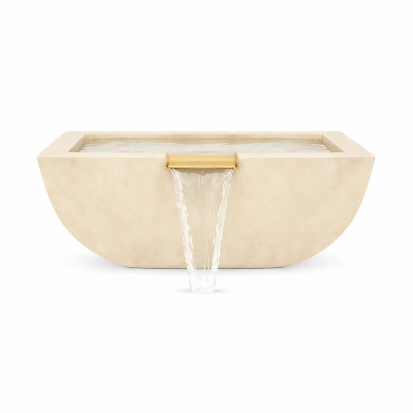 Front view of the white Serenity Series square water bowl with a polished copper spillway producing a steady waterfall stream. The smooth rounded-square basin and light stone finish create a refined modern aesthetic designed for upscale poolscapes, fountains, and contemporary outdoor living spaces.