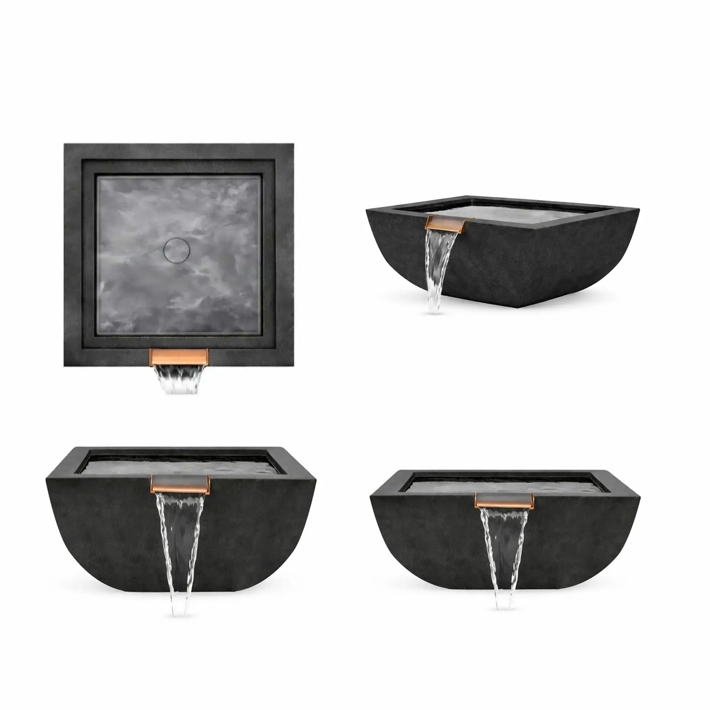 Product layout showing multiple views of the black Serenity Series square water bowl, including top view, angled perspective, and front waterfall view. The modern rounded-square basin features a dark stone-style finish and copper spillway designed to produce a smooth sheet waterfall, ideal for poolside installations and contemporary architectural water feature designs.