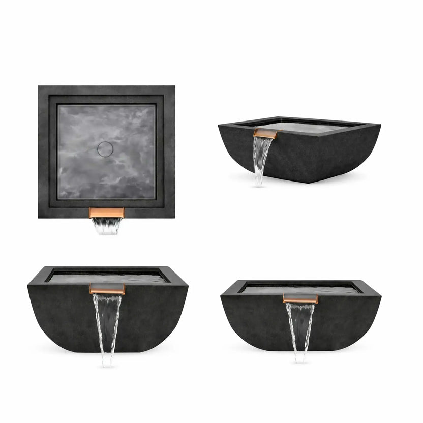 Product layout showing multiple views of the black Serenity Series square water bowl, including top view, angled perspective, and front waterfall view. The modern rounded-square basin features a dark stone-style finish and copper spillway designed to produce a smooth sheet waterfall, ideal for poolside installations and contemporary architectural water feature designs.