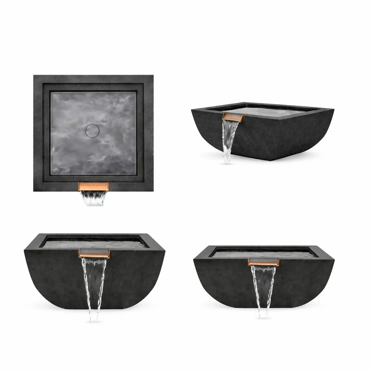 Product layout showing multiple views of the black Serenity Series square water bowl, including top view, angled perspective, and front waterfall view. The modern rounded-square basin features a dark stone-style finish and copper spillway designed to produce a smooth sheet waterfall, ideal for poolside installations and contemporary architectural water feature designs.