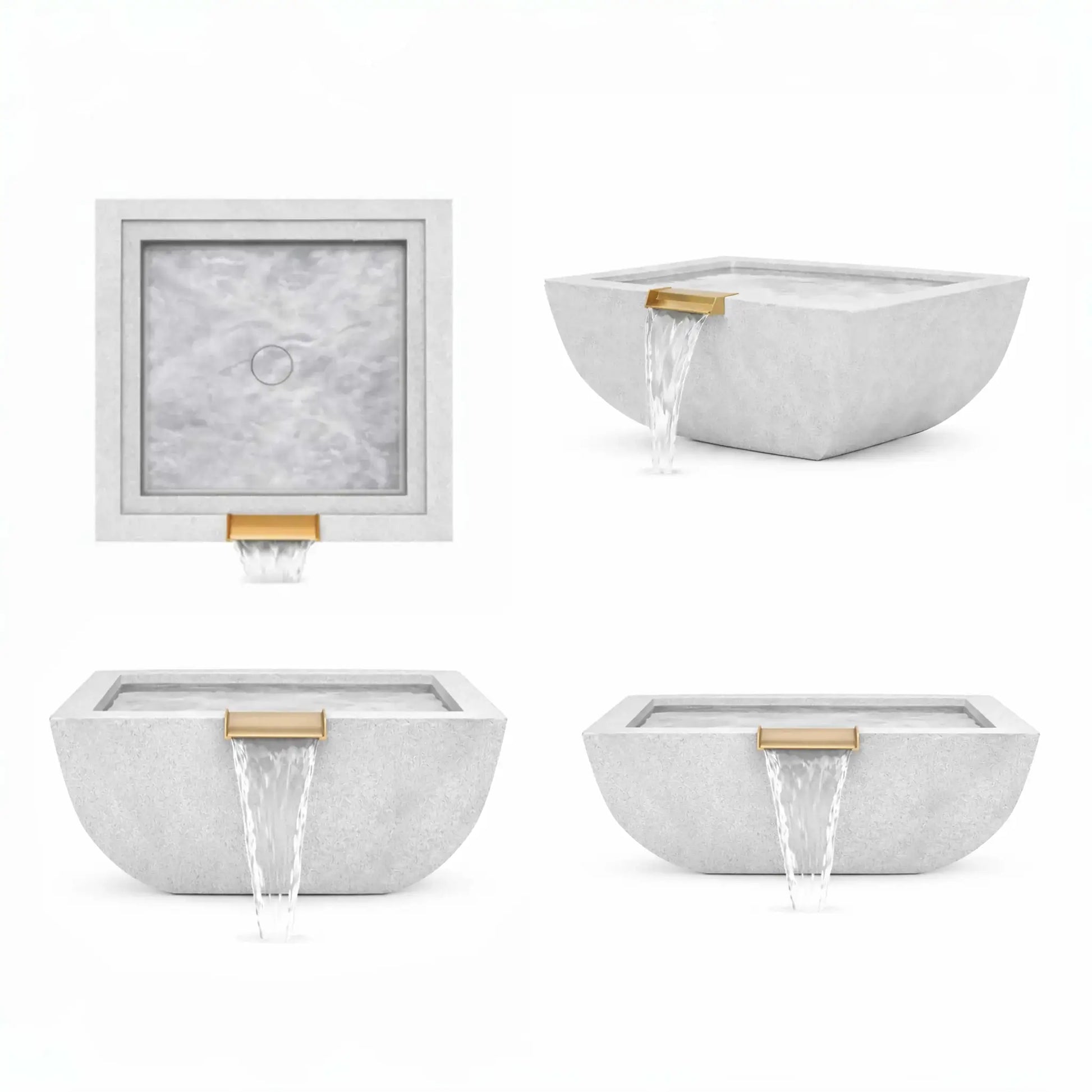Collage showing multiple views of the gray Flame Havens Serenity Series square curved water bowl, including top view, angled perspective, and front waterfall views. The modern concrete-style basin features a light gray textured finish and a polished copper spillway that releases a smooth sheet waterfall, highlighting the architectural design used for luxury pool edges, fountains, and contemporary outdoor landscape water features.