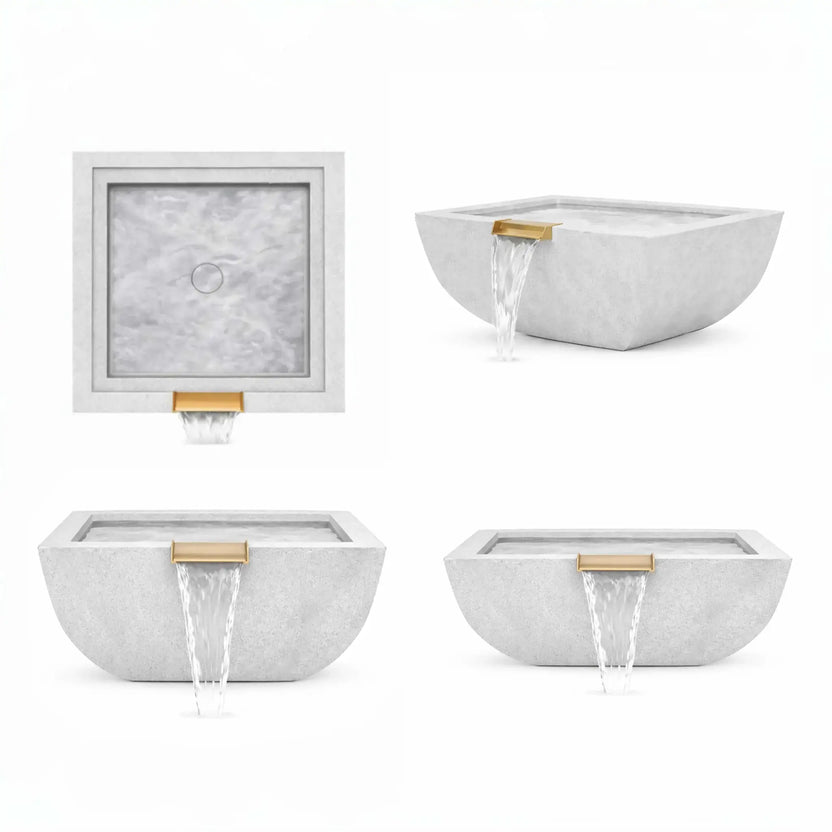 Collage showing multiple views of the gray Flame Havens Serenity Series square curved water bowl, including top view, angled perspective, and front waterfall views. The modern concrete-style basin features a light gray textured finish and a polished copper spillway that releases a smooth sheet waterfall, highlighting the architectural design used for luxury pool edges, fountains, and contemporary outdoor landscape water features.