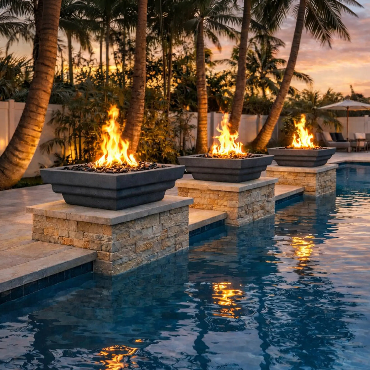 Lifestyle view of three graphite-colored Serenity Series square fire bowls installed along the edge of a modern swimming pool. Each fire bowl sits on stacked stone pedestals and burns tall natural gas flames above dark fire media. The tropical backyard setting features palm trees, warm sunset lighting, and reflections of the flames dancing across the pool water, highlighting the dramatic resort-style outdoor fire feature design.