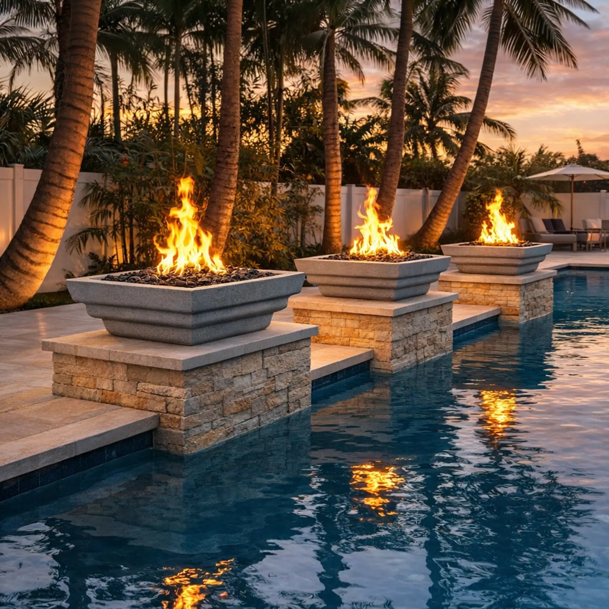 Outdoor lifestyle image showing three gray Serenity Series square fire bowls positioned on stone columns beside a luxury swimming pool. Bright flames rise from black fire glass inside each bowl, casting warm reflections on the water’s surface. Palm trees and soft sunset lighting create a tropical backyard atmosphere, showcasing the modern poolside fire feature installation.