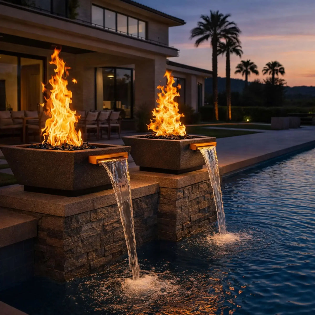 Evening view of two square angular GFRC concrete fire and water bowls in a charcoal black finish, positioned along a pool edge with glowing flames reflecting on the water surface. Each bowl features a wide water spillway flowing into the pool, set in a modern outdoor living space with palm trees and ambient lighting for a dramatic nighttime fire and water display.