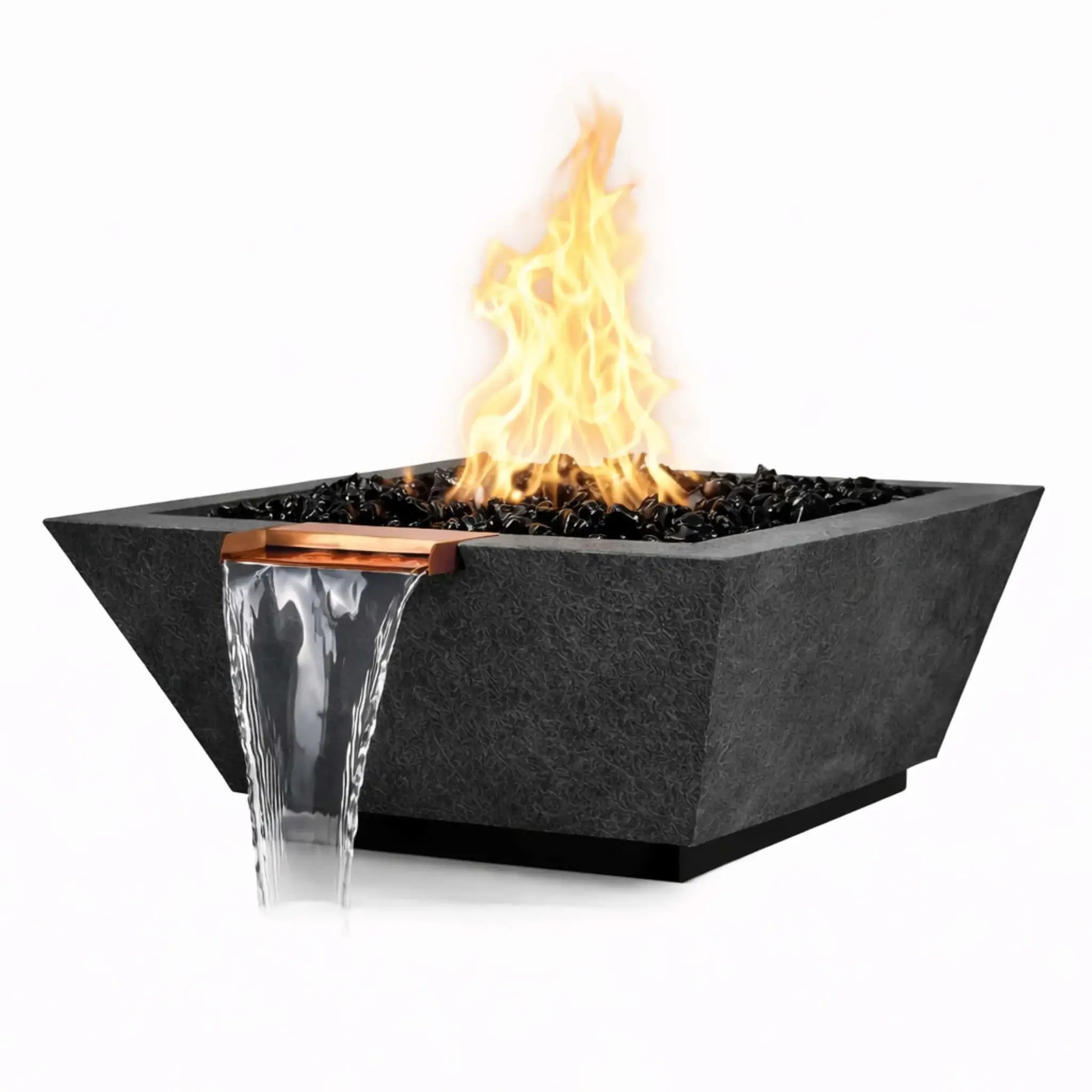 Modern square angular GFRC concrete fire and water bowl in a black finish, featuring a tall gas flame rising from black fire media and a wide waterfall spillway integrated into the bowl’s edge. The bold, contemporary design emphasizes contrast and texture, making it a striking fire and water feature for upscale outdoor environments.