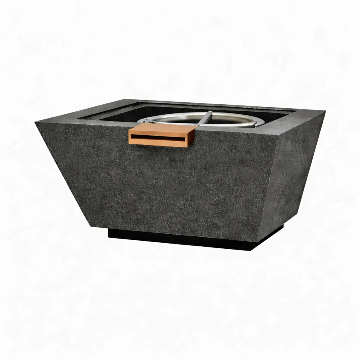Square angular GFRC concrete fire and water bowl in a charcoal black finish, featuring a tapered modern profile, recessed burner basin, and centered stainless steel water scupper. The textured concrete surface and bold color create a striking fire and water feature for luxury outdoor environments.