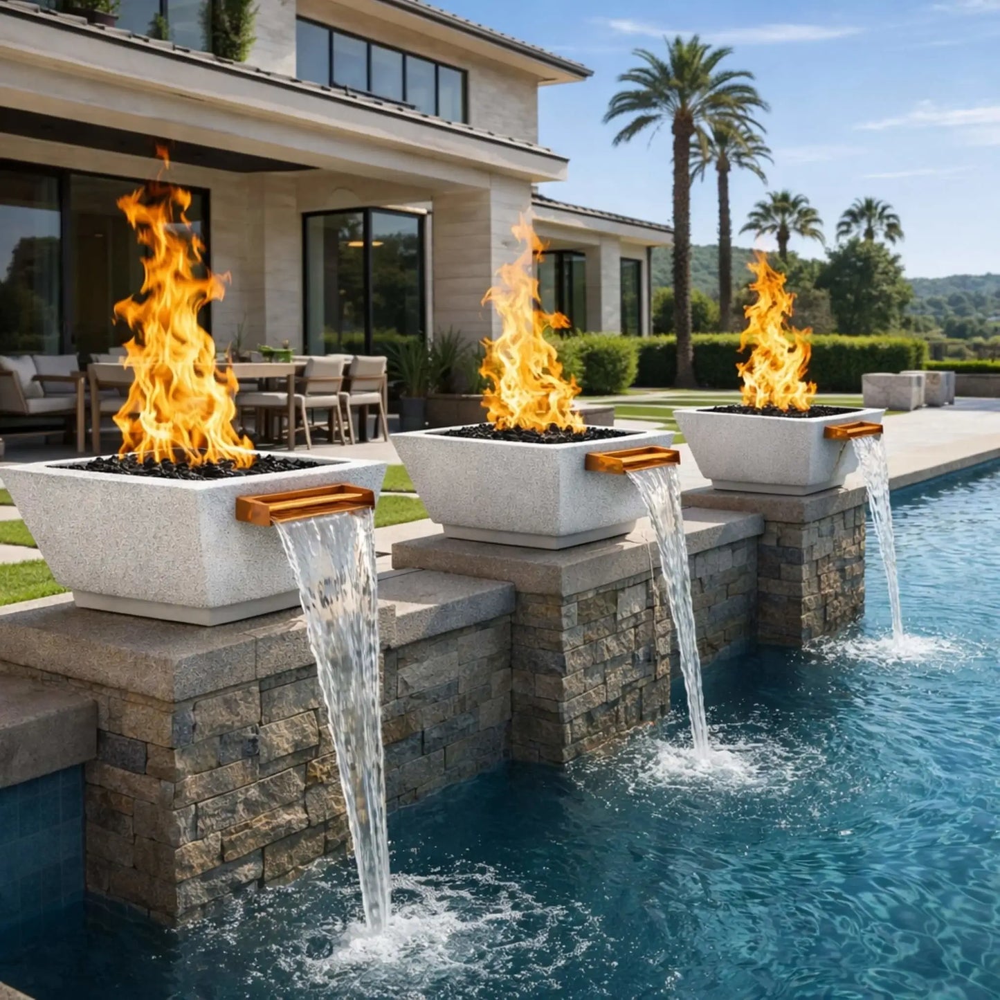 Modern backyard pool design featuring three square angular GFRC concrete fire and water bowls in a light gray finish, each with tall gas flames rising from black fire glass and cascading water spilling into a luxury swimming pool. The bowls are mounted on stone pedestals alongside a contemporary home with palm trees and outdoor seating, creating a resort-style fire and water feature installation.