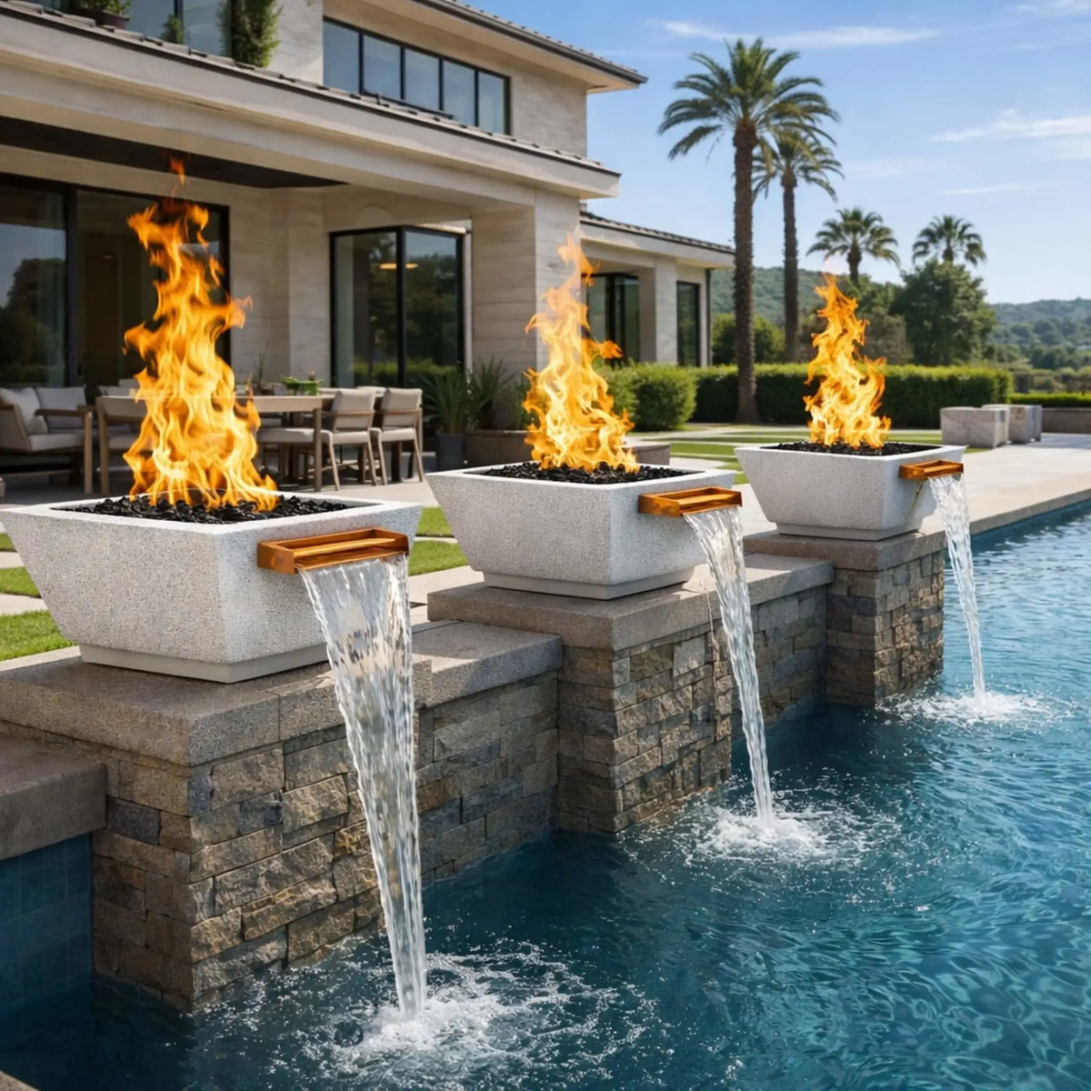 Modern backyard pool design featuring three square angular GFRC concrete fire and water bowls in a light gray finish, each with tall gas flames rising from black fire glass and cascading water spilling into a luxury swimming pool. The bowls are mounted on stone pedestals alongside a contemporary home with palm trees and outdoor seating, creating a resort-style fire and water feature installation.
