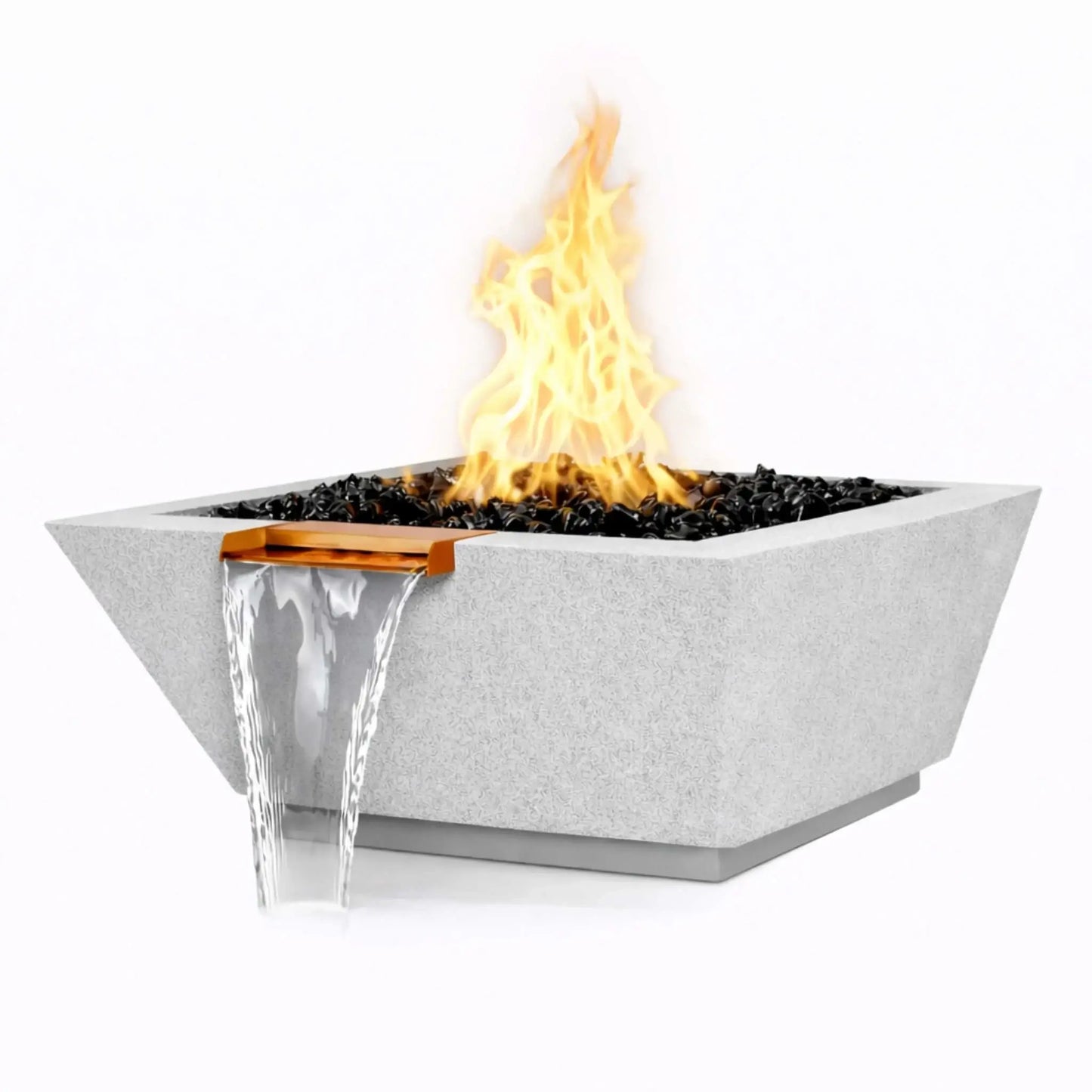 Single square angular GFRC concrete fire and water bowl in a gray finish, featuring a raised flame burning above black fire glass and a centered water scupper creating a smooth cascading waterfall. The clean, modern design highlights the geometric shape and durable concrete construction of this contemporary fire and water feature.