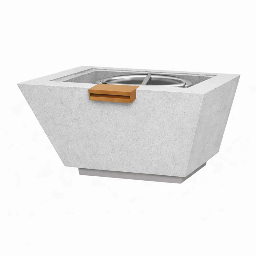 Square angular GFRC concrete fire and water bowl in a light gray finish, featuring a modern tapered design with a recessed burner basin and integrated stainless steel water scupper centered on the front. The bowl showcases clean architectural lines and a durable concrete texture designed for upscale outdoor fire and water installations.