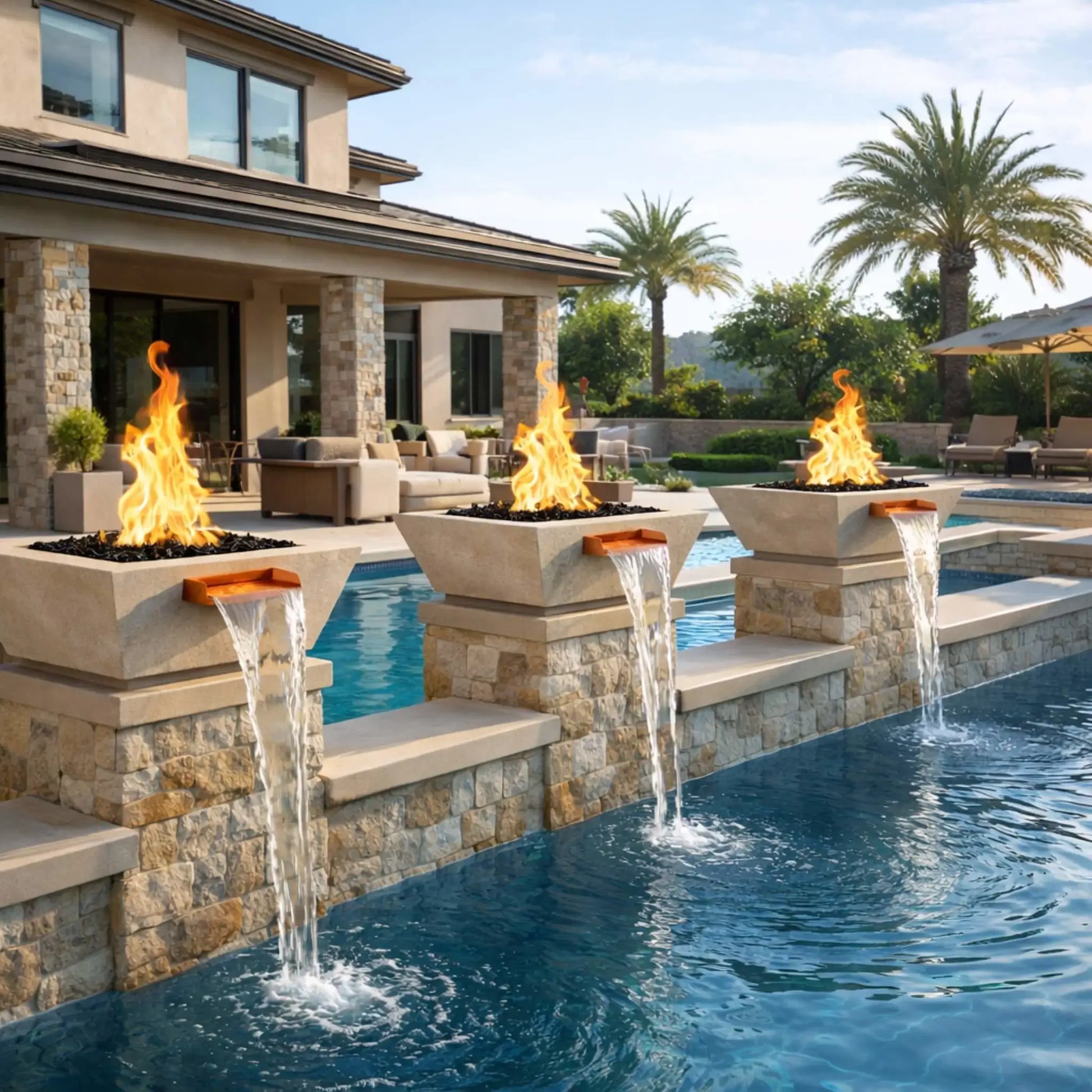 Luxury outdoor poolscape showcasing three square angular GFRC concrete fire and water bowls in a white finish, with vibrant flames burning above black fire media and smooth water streams flowing into a swimming pool. Set against a modern patio with stone columns, palm trees, and outdoor lounge furniture, this fire and water feature adds warmth and visual drama to the backyard.