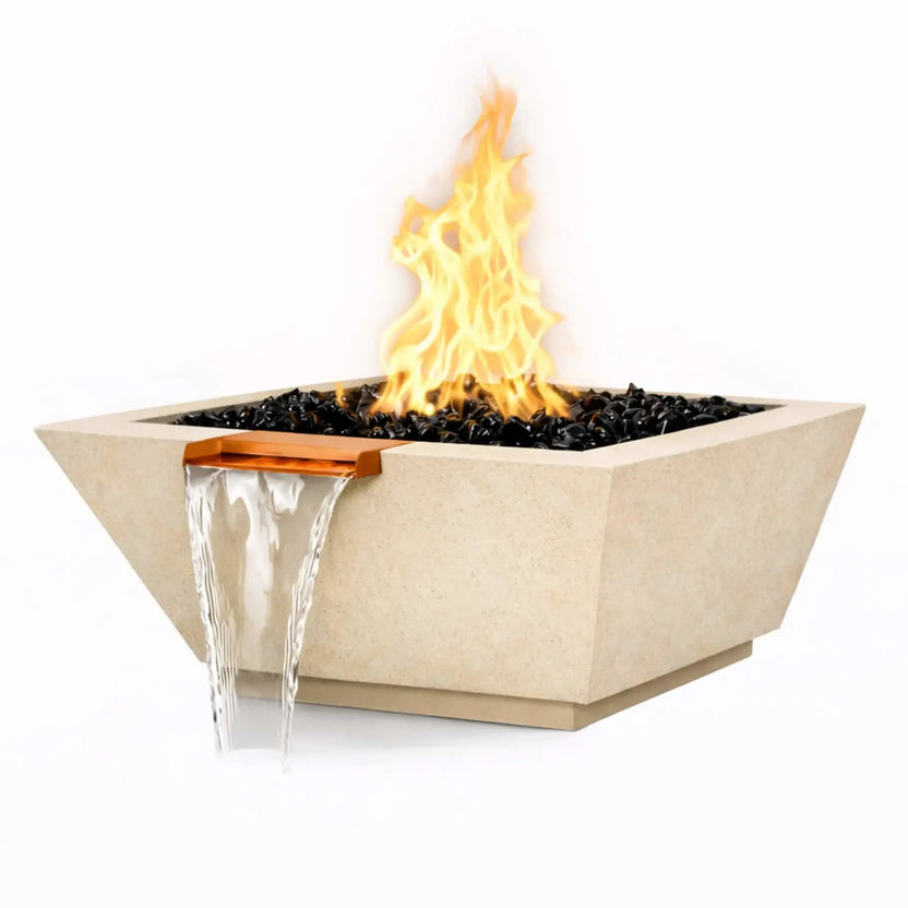 Square angular GFRC concrete fire and water bowl in a white finish, designed with sharp modern lines, black fire glass media, and a built-in water spillway that produces a steady waterfall. The bowl showcases a balanced combination of fire and water elements for modern outdoor living spaces.