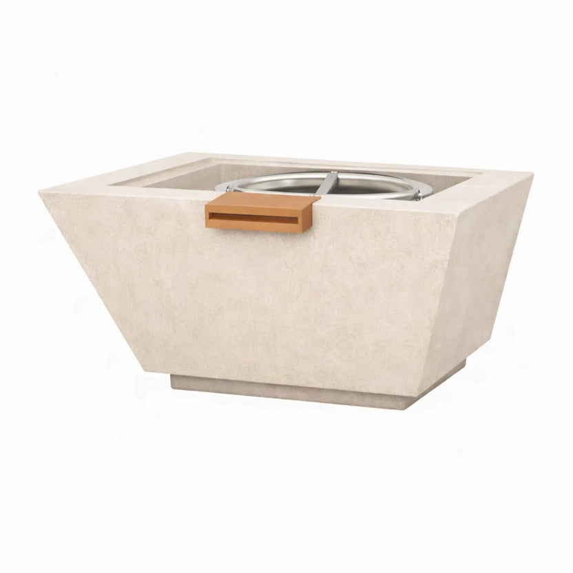 Modern square angular GFRC concrete fire and water bowl in a white finish, designed with sharp geometric edges, a recessed burner opening, and a built-in stainless steel water spillway. The smooth concrete surface and minimalist form highlight a contemporary fire and water feature for outdoor living spaces.