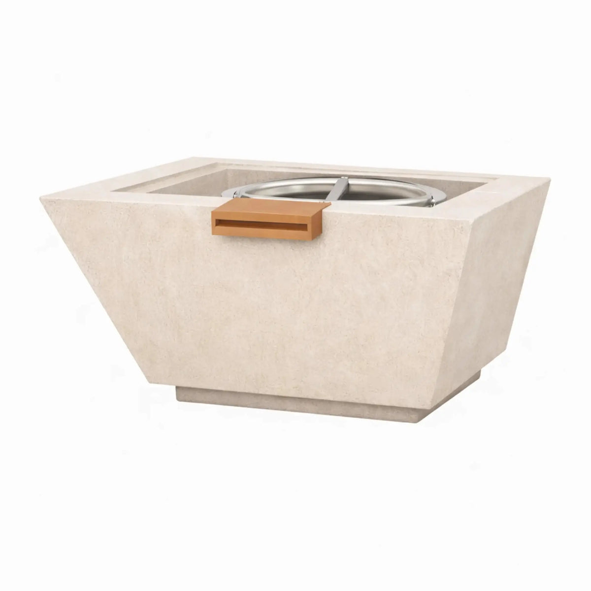 Modern square angular GFRC concrete fire and water bowl in a white finish, designed with sharp geometric edges, a recessed burner opening, and a built-in stainless steel water spillway. The smooth concrete surface and minimalist form highlight a contemporary fire and water feature for outdoor living spaces.