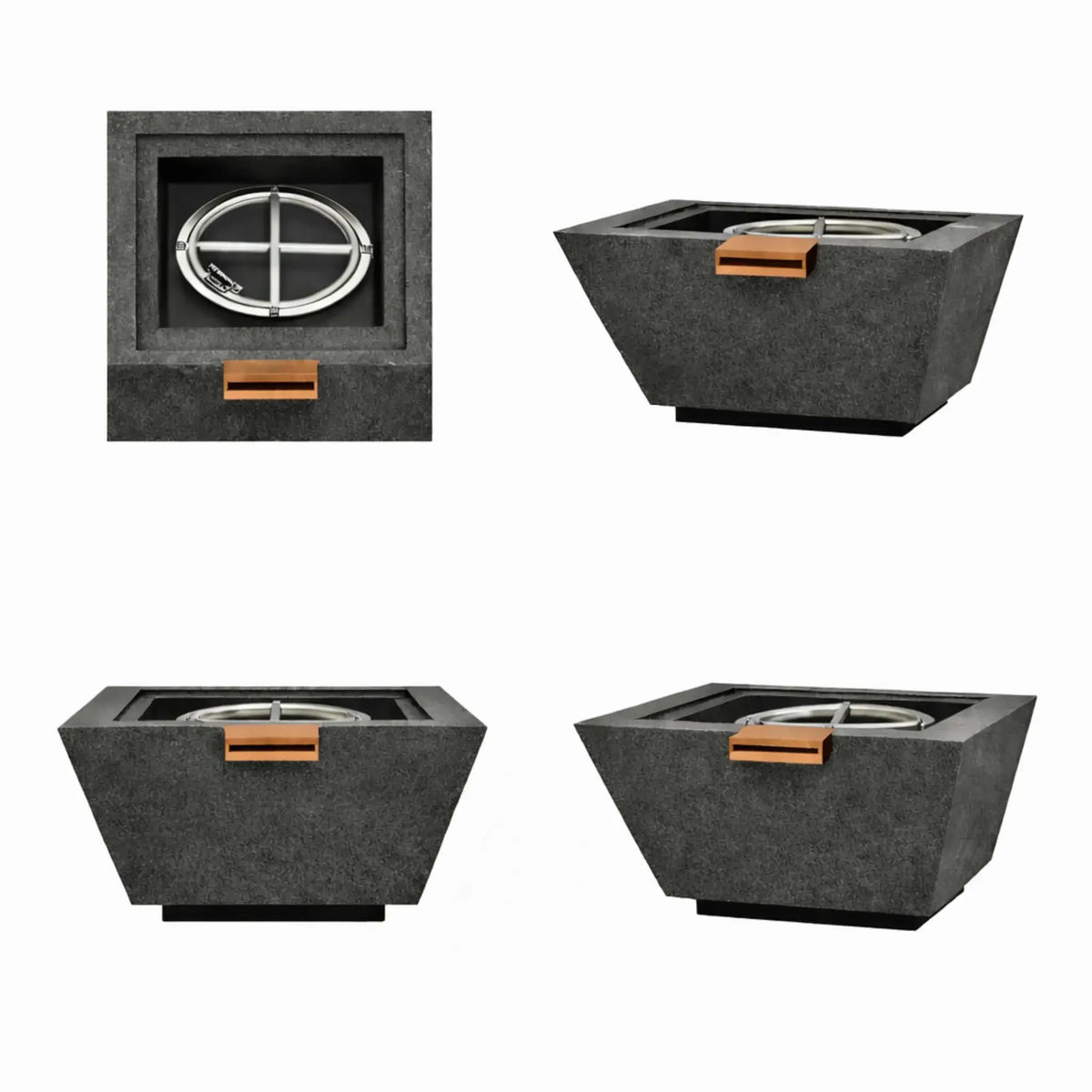 Four-view product display of a black square angular GFRC concrete fire and water bowl, including a top view of the stainless steel burner assembly and angled side views that showcase the bowl’s textured concrete finish, tapered profile, and centered water scupper.