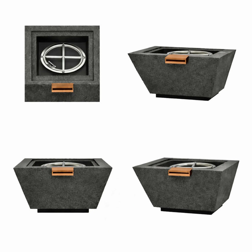 Four-view product display of a black square angular GFRC concrete fire and water bowl, including a top view of the stainless steel burner assembly and angled side views that showcase the bowl’s textured concrete finish, tapered profile, and centered water scupper.