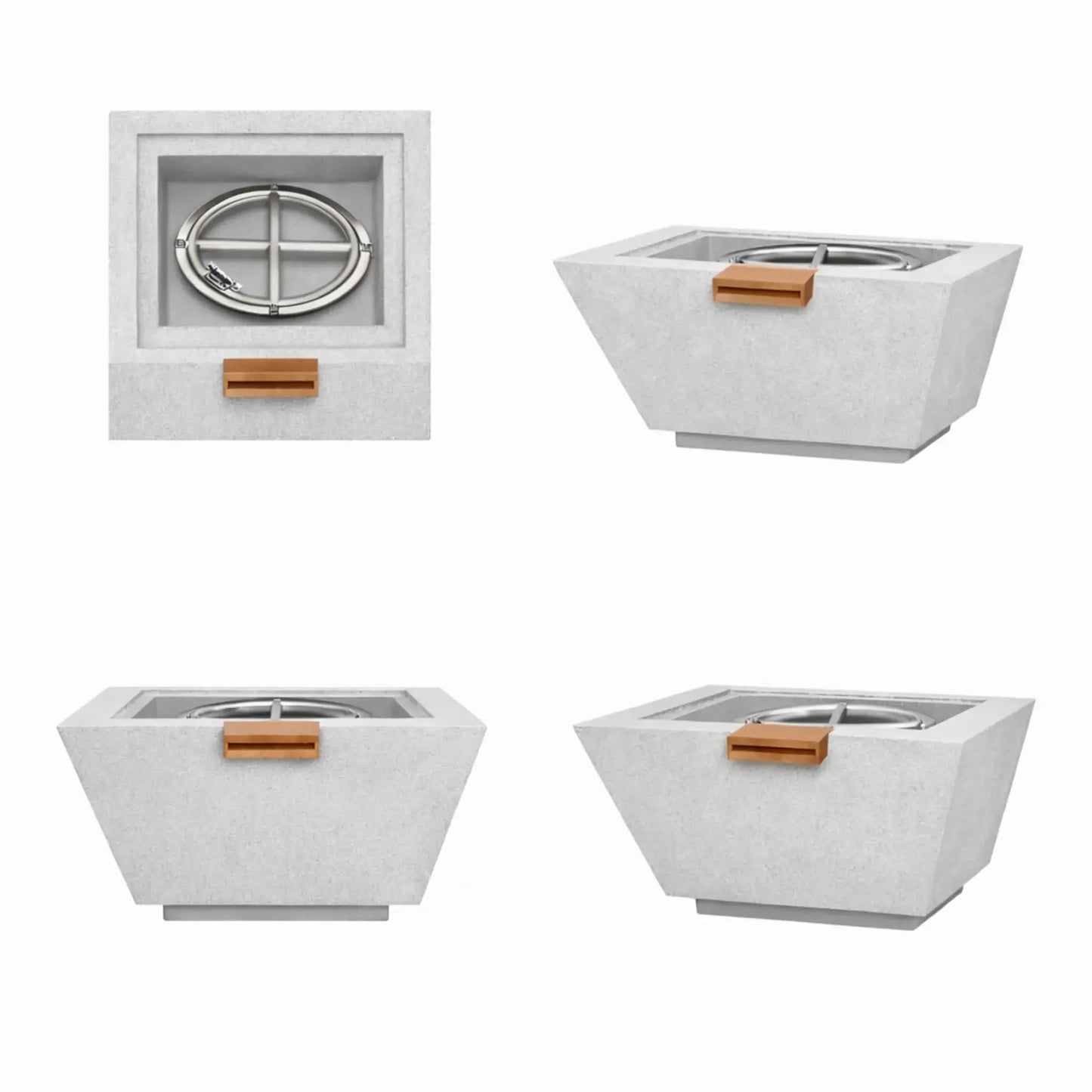 Four-image product layout showcasing a gray square angular GFRC concrete fire and water bowl from multiple angles, including top-down burner view and side perspectives. The images emphasize the modern tapered shape, textured concrete finish, and built-in water scupper for fire and water installations.