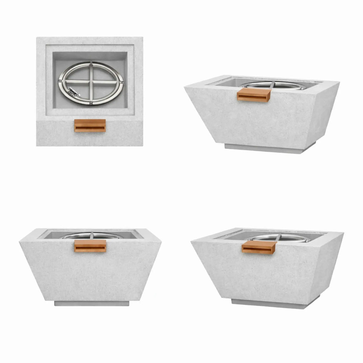 Four-image product layout showcasing a gray square angular GFRC concrete fire and water bowl from multiple angles, including top-down burner view and side perspectives. The images emphasize the modern tapered shape, textured concrete finish, and built-in water scupper for fire and water installations.