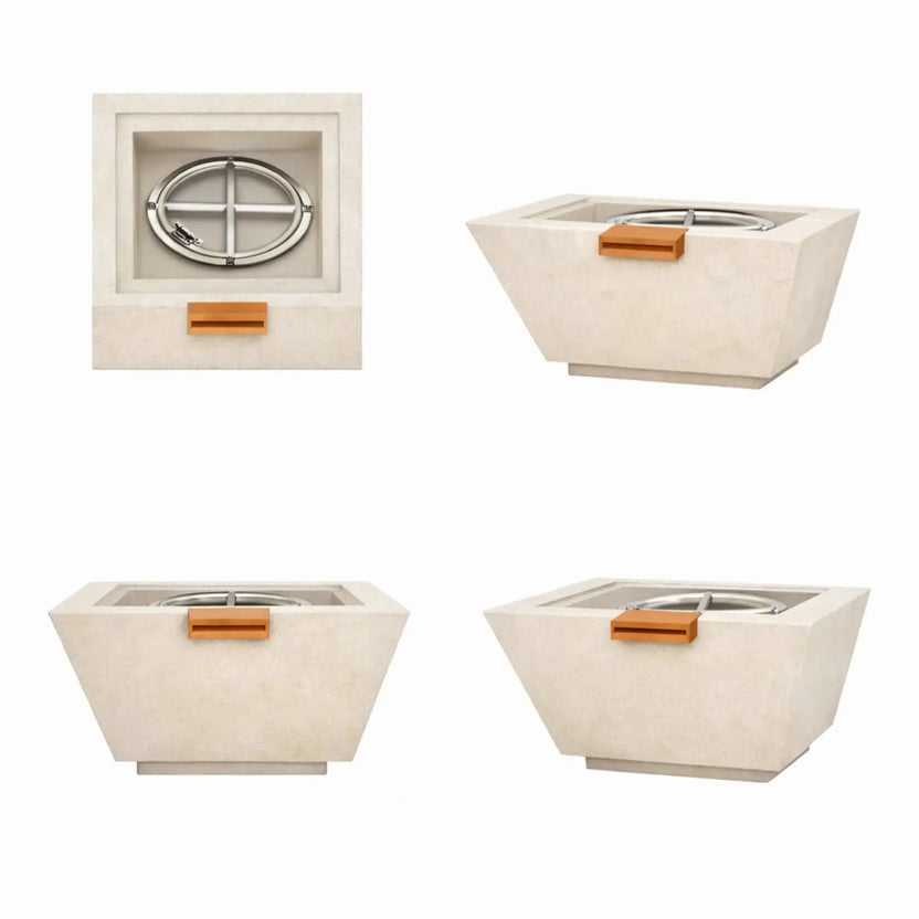 Product layout showing multiple views of a white square angular GFRC concrete fire and water bowl, including top-down view of the burner pan, front elevation, and angled perspectives. The images highlight the integrated water scupper, recessed burner design, and clean architectural shape of the outdoor fire and water feature.