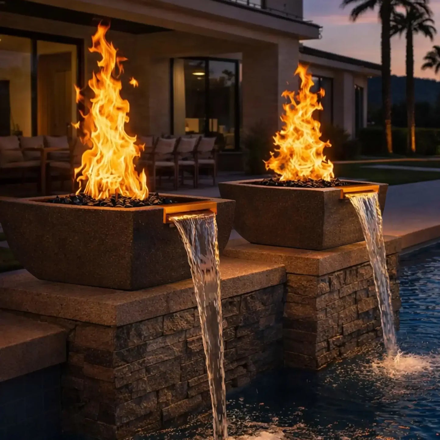 Outdoor evening patio scene featuring two black Serenity Series fire and water bowls installed on a stone pool wall. Tall flames rise above dark fire glass while copper spillways create steady waterfall streams into the pool below. A modern home and patio seating area appear softly lit in the background.