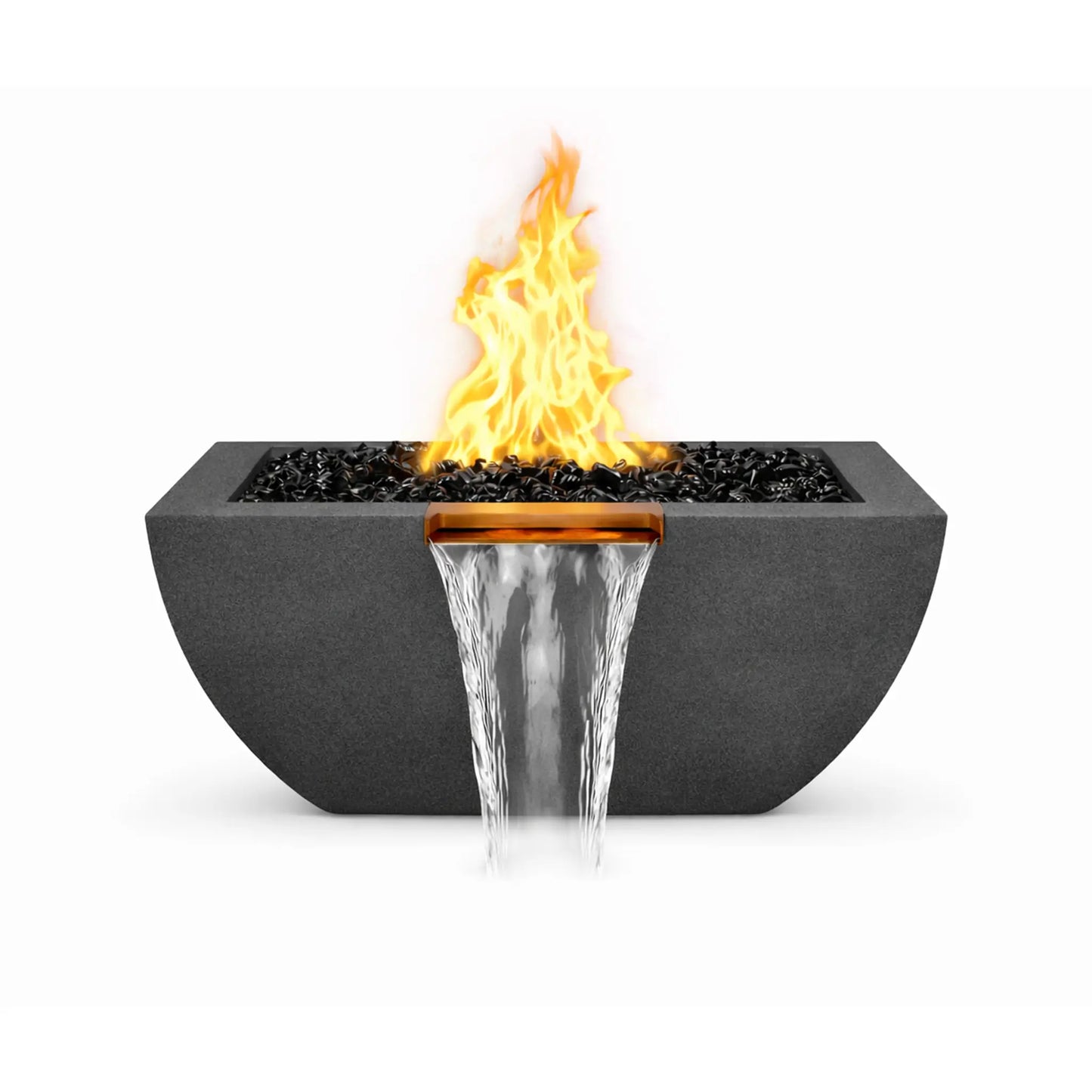 Front-facing product view of the black Serenity Series square rounded fire and water bowl. A bright flame rises above black fire glass media while a copper waterfall spillway pours a smooth sheet of water downward from the center of the bowl, showcasing the combined fire and water feature design.