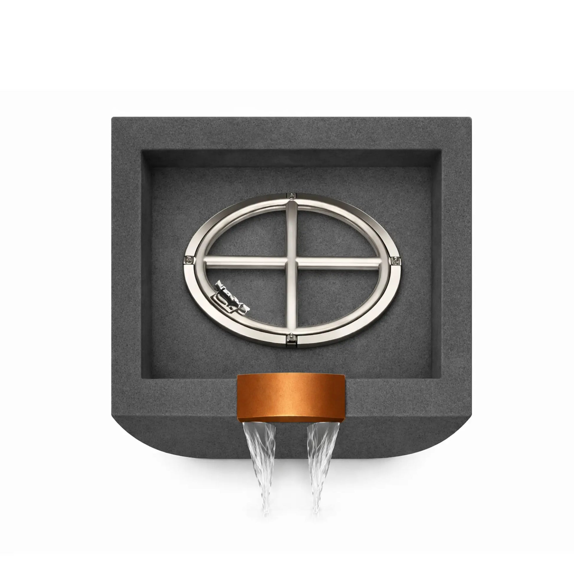 Top view of a black Serenity Series square rounded GFRC fire and water bowl showing the interior basin without flame. A stainless steel circular gas burner ring sits centered within the recessed chamber, designed to be covered with fire media. The copper waterfall outlet is visible at the front edge of the bowl.