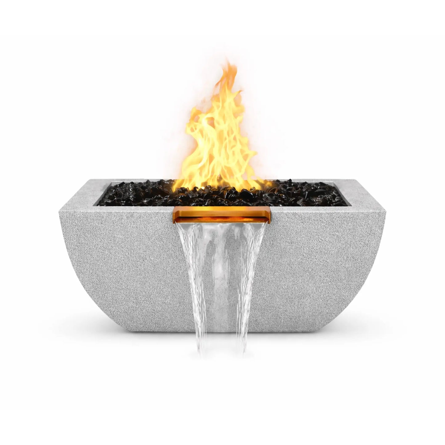 Front product view of the gray Serenity Series fire and water bowl with an active gas flame rising above black fire glass media. A centered copper waterfall outlet sends a steady cascade of water downward, highlighting the dual fire and water functionality of this modern GFRC concrete outdoor feature.