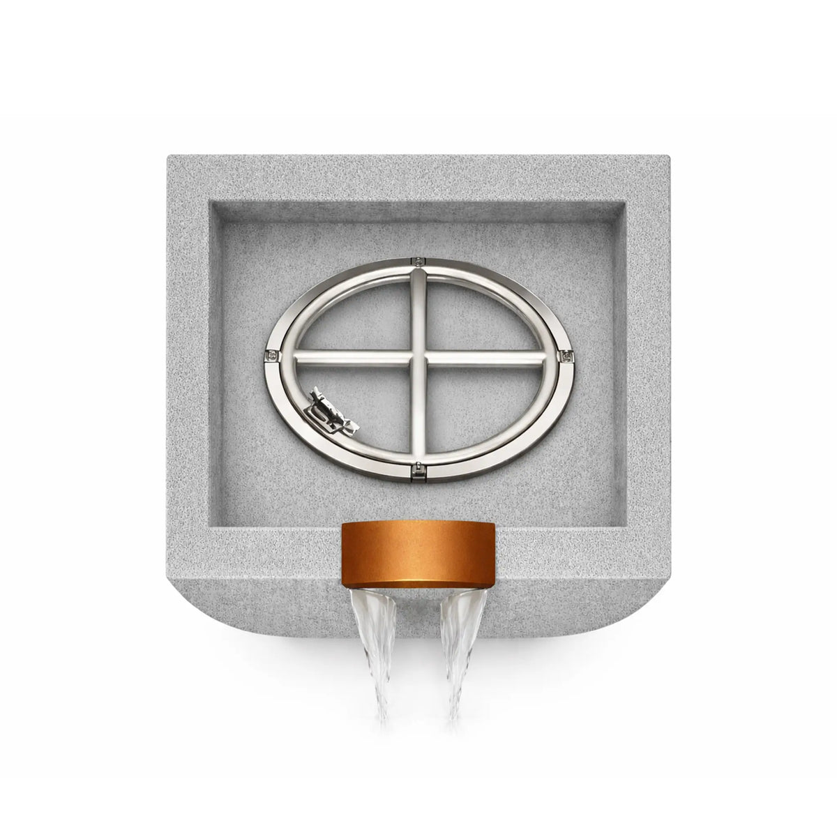 Top-down view of a gray GFRC concrete Serenity Series square curved fire and water bowl interior showing a stainless steel circular burner ring and cross-support structure centered inside the recessed basin. A copper waterfall spillway is positioned at the front edge of the bowl where water exits, demonstrating the internal burner layout before fire media is installed.
