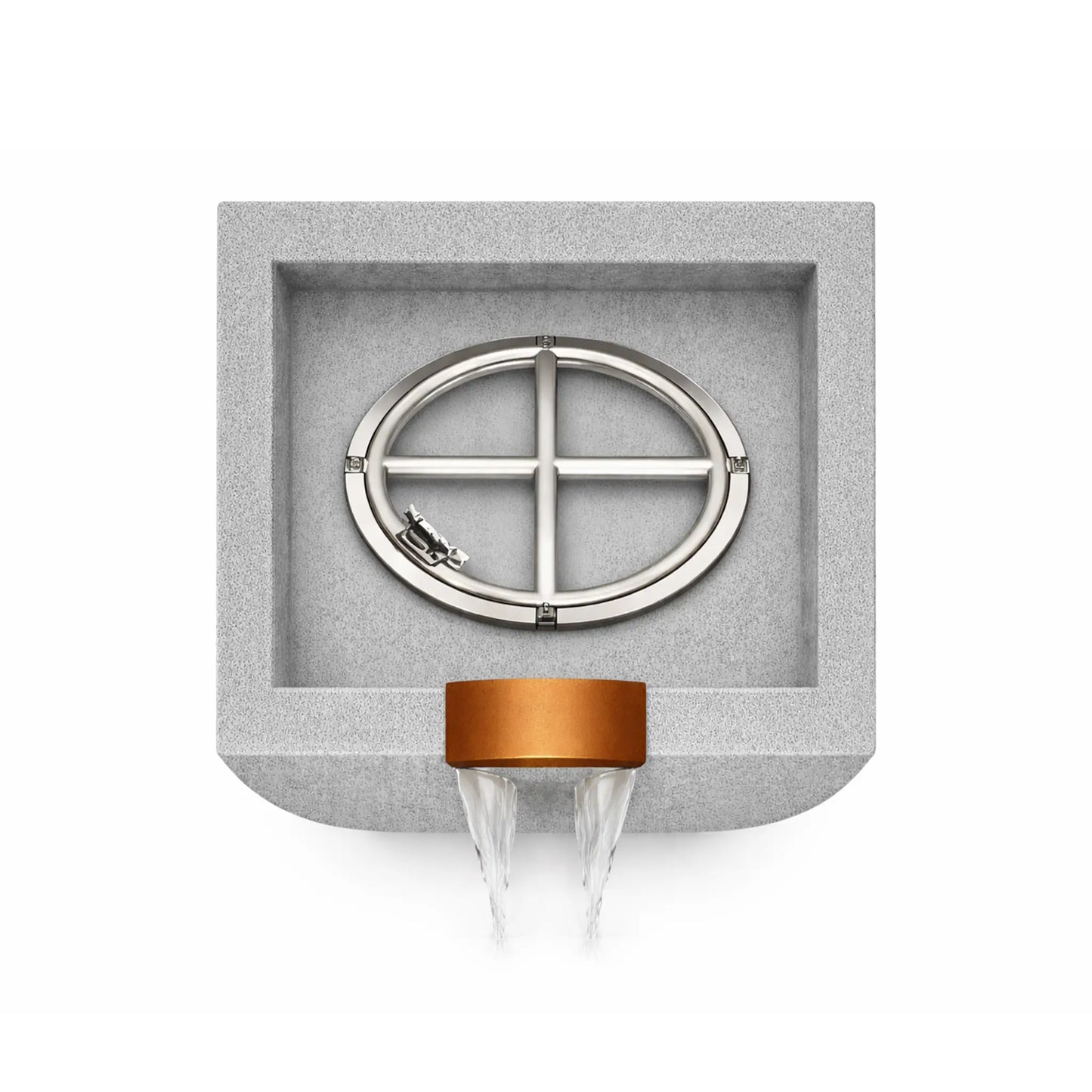 Top-down view of a gray GFRC concrete Serenity Series square curved fire and water bowl interior showing a stainless steel circular burner ring and cross-support structure centered inside the recessed basin. A copper waterfall spillway is positioned at the front edge of the bowl where water exits, demonstrating the internal burner layout before fire media is installed.
