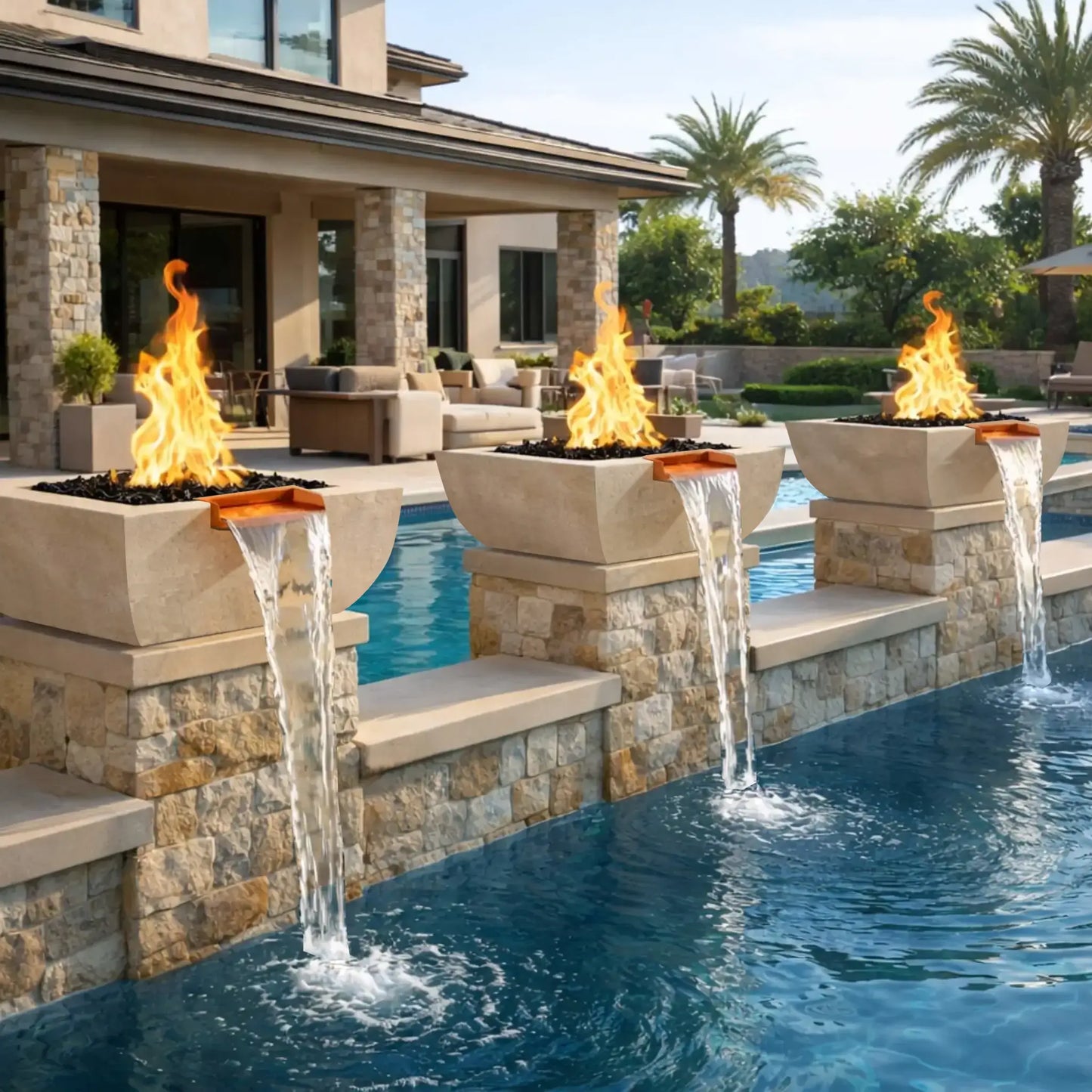 Luxury backyard pool installation featuring three white Serenity Series fire and water bowls mounted along a raised stone pool wall. Each bowl burns a tall flame above black fire media while copper spillways send smooth waterfall streams into the blue swimming pool below, creating an elegant resort-style outdoor atmosphere.
