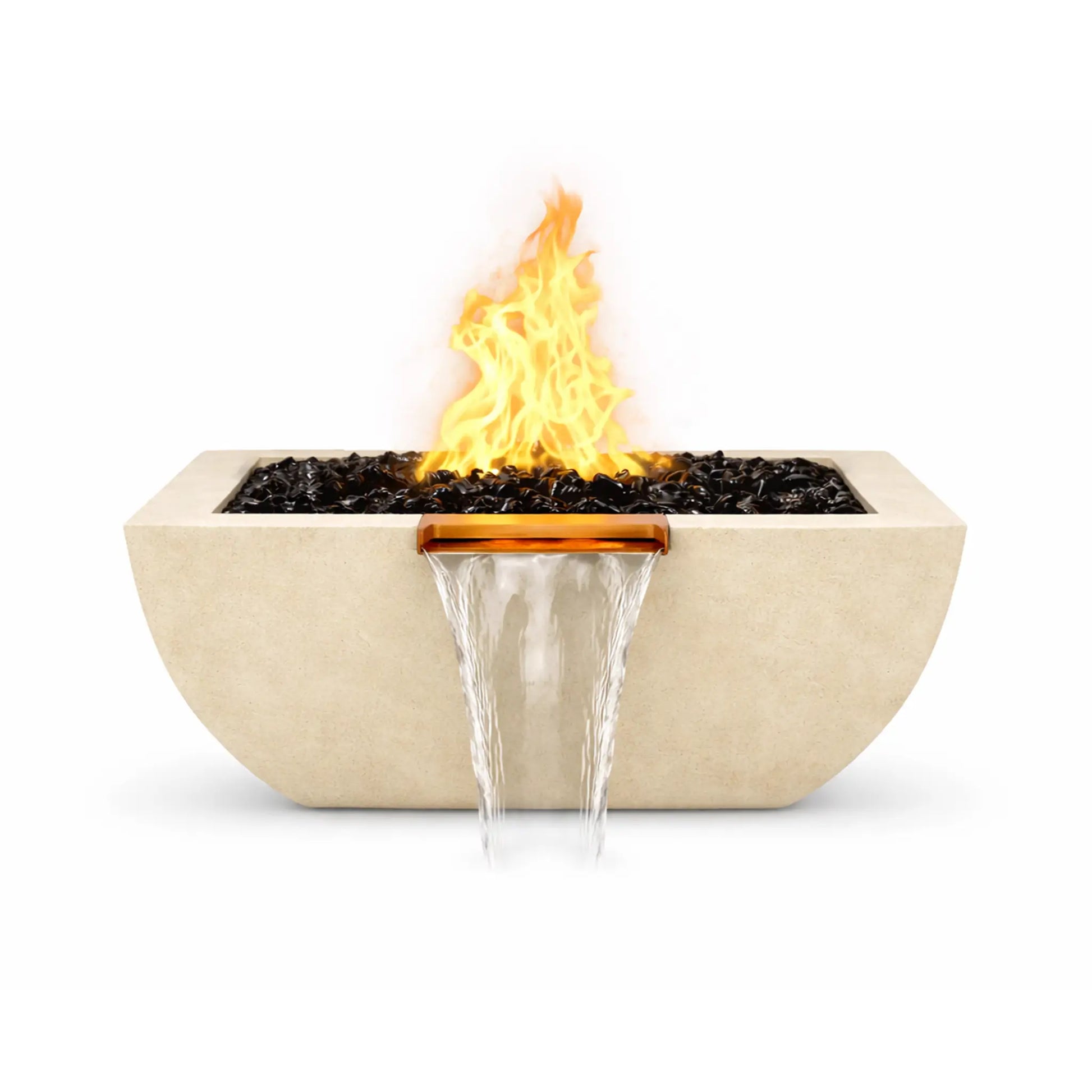 Front view of the white Serenity Series square curved fire and water bowl with a bright gas flame rising above black fire glass. A copper spillway centered on the front edge pours a continuous waterfall stream downward, emphasizing the bowl’s balanced fire and water display.