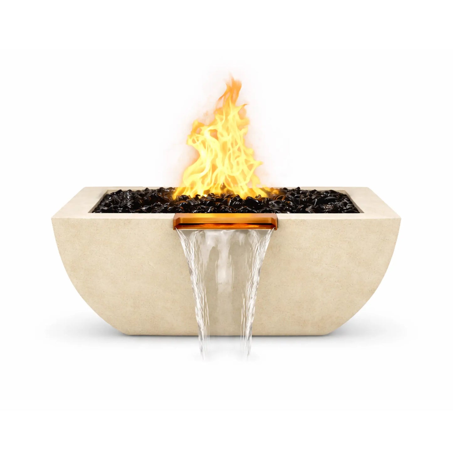 Front view of the white Serenity Series square curved fire and water bowl with a bright gas flame rising above black fire glass. A copper spillway centered on the front edge pours a continuous waterfall stream downward, emphasizing the bowl’s balanced fire and water display.