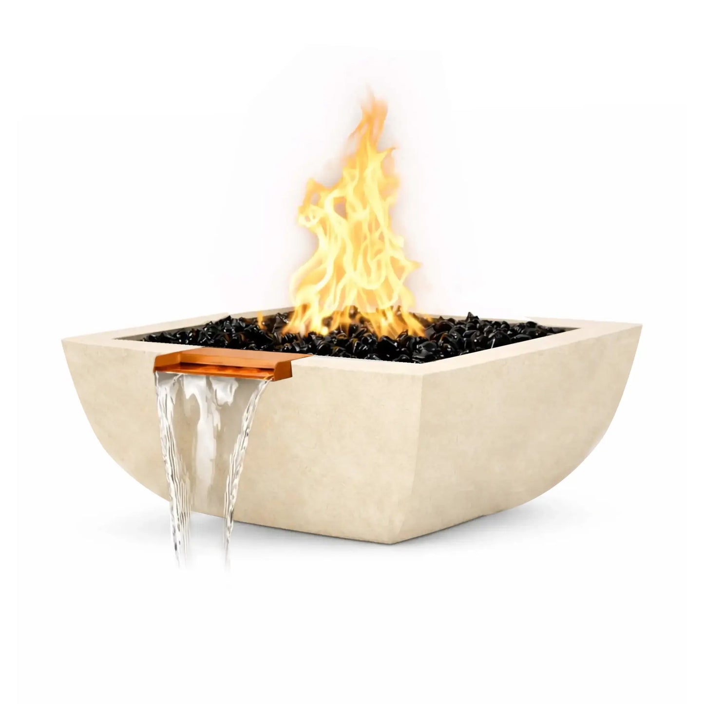 White Serenity Series square rounded GFRC fire and water bowl with a bright flame rising above glossy black fire glass. A copper spillway integrated into the bowl releases a smooth waterfall stream. The light textured concrete finish contrasts with the dark fire media and highlights the modern fire and water design.