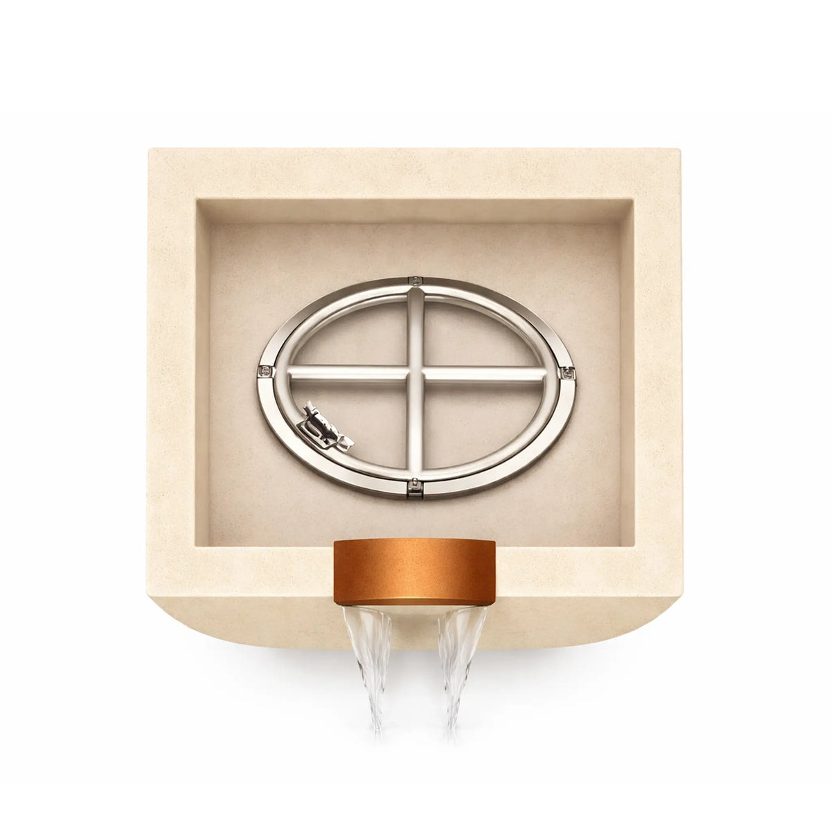 Top interior view of a white Serenity Series square curved fire and water bowl showing the stainless steel burner ring assembly mounted inside the recessed basin. The copper waterfall outlet at the front edge directs water flow downward, illustrating the bowl’s internal burner configuration before fire glass is installed.
