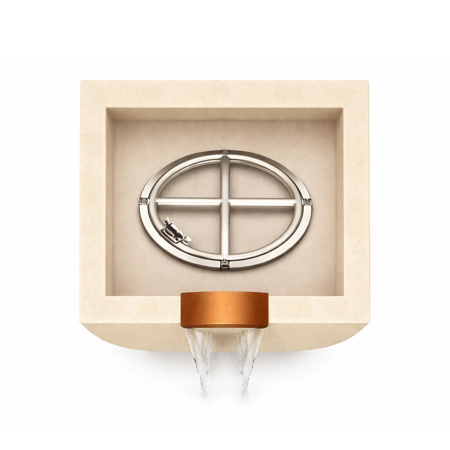 Top interior view of a white Serenity Series square curved fire and water bowl showing the stainless steel burner ring assembly mounted inside the recessed basin. The copper waterfall outlet at the front edge directs water flow downward, illustrating the bowl’s internal burner configuration before fire glass is installed.