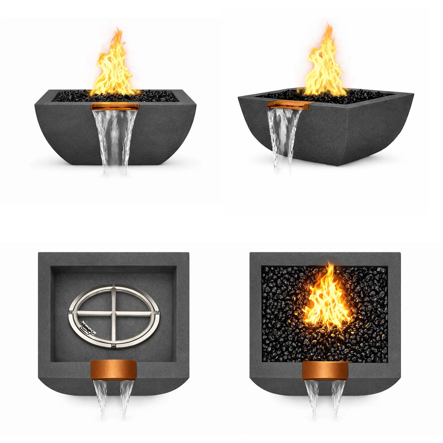 Product layout showing four views of the black Serenity Series square curved fire and water bowl. Images include a front flame view with waterfall spillway, angled perspective, top interior burner assembly, and a top view filled with black fire glass and active flame, highlighting the bowl’s design and functionality.