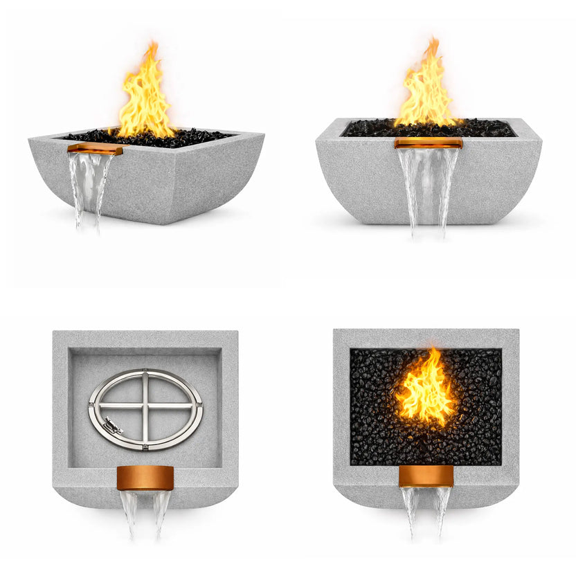 Composite product image displaying four perspectives of the gray Serenity Series square curved fire and water bowl. The set includes an angled flame view, front waterfall view, internal burner ring layout, and top view with flame over black fire glass, illustrating the bowl’s fire and water feature design.