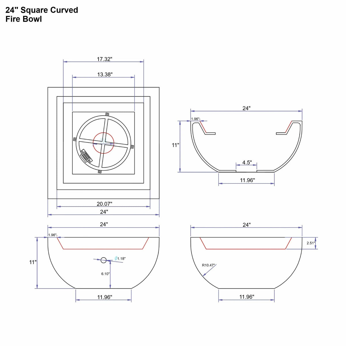 Technical specification diagram for the Flame Havens Serenity Series 24-inch square curved fire bowl. The sheet includes top and side sectional views with detailed measurements, burner placement, drain opening location, and bowl depth dimensions. Clean line drawings illustrate the curved exterior profile and interior burner configuration for accurate installation planning.