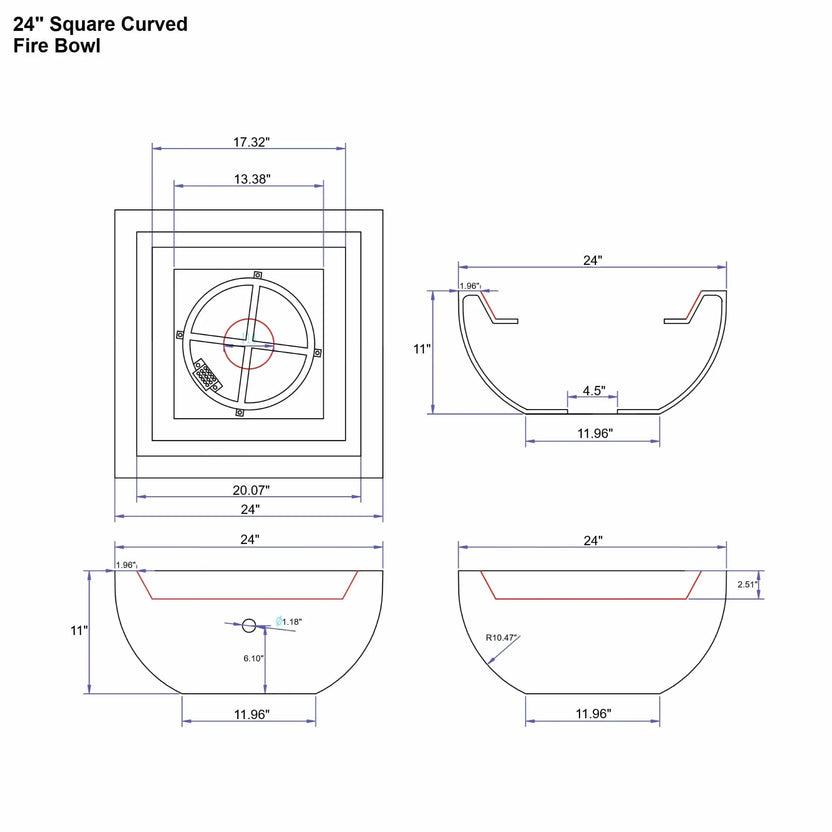 Technical specification diagram for the Flame Havens Serenity Series 24-inch square curved fire bowl. The sheet includes top and side sectional views with detailed measurements, burner placement, drain opening location, and bowl depth dimensions. Clean line drawings illustrate the curved exterior profile and interior burner configuration for accurate installation planning.