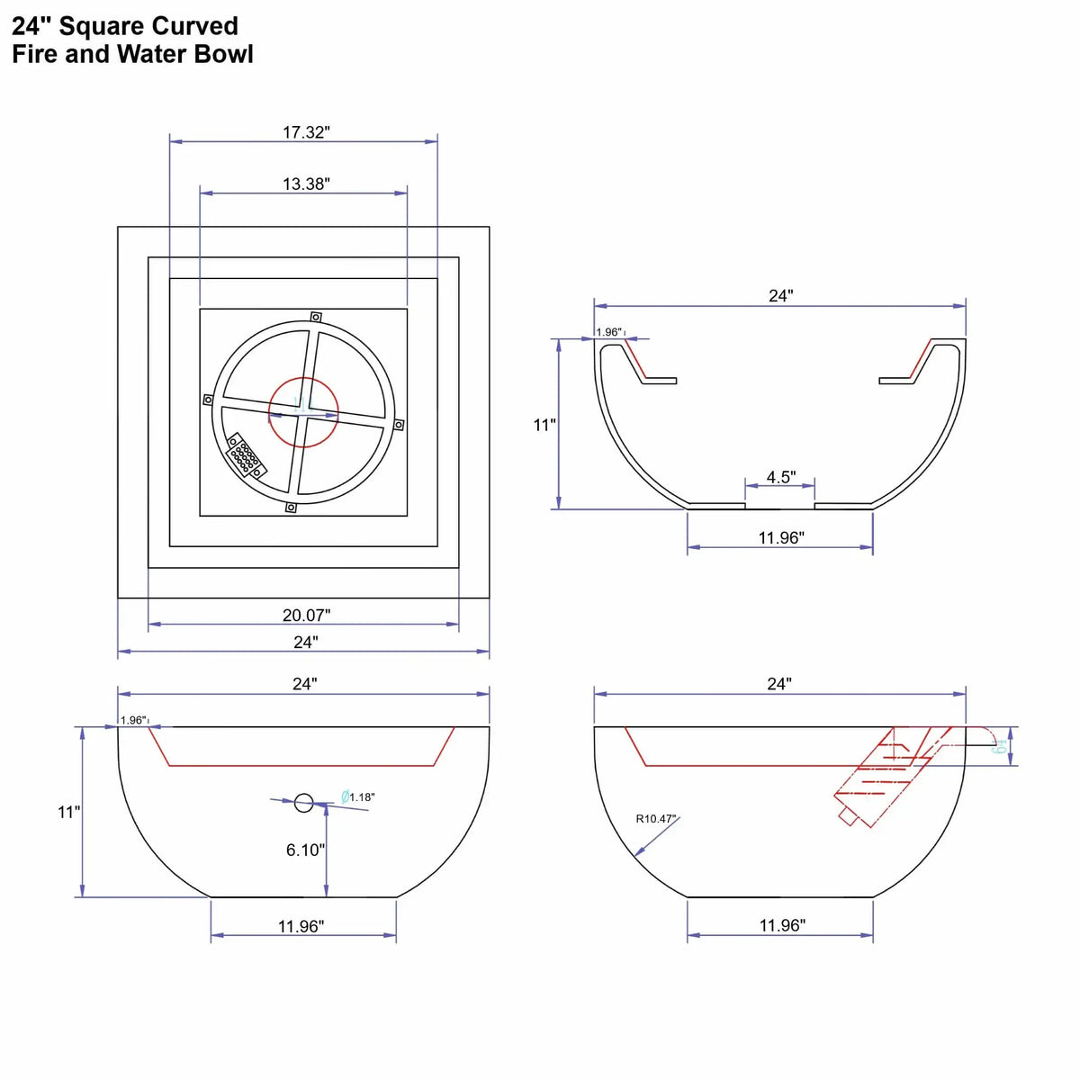 Technical specification diagram for a 24-inch square curved fire and water bowl showing detailed dimensional measurements and sectional profiles. The illustration includes top plan view, side cross-sections, burner placement, drain opening, and curvature radius measurements used for manufacturing and installation reference.