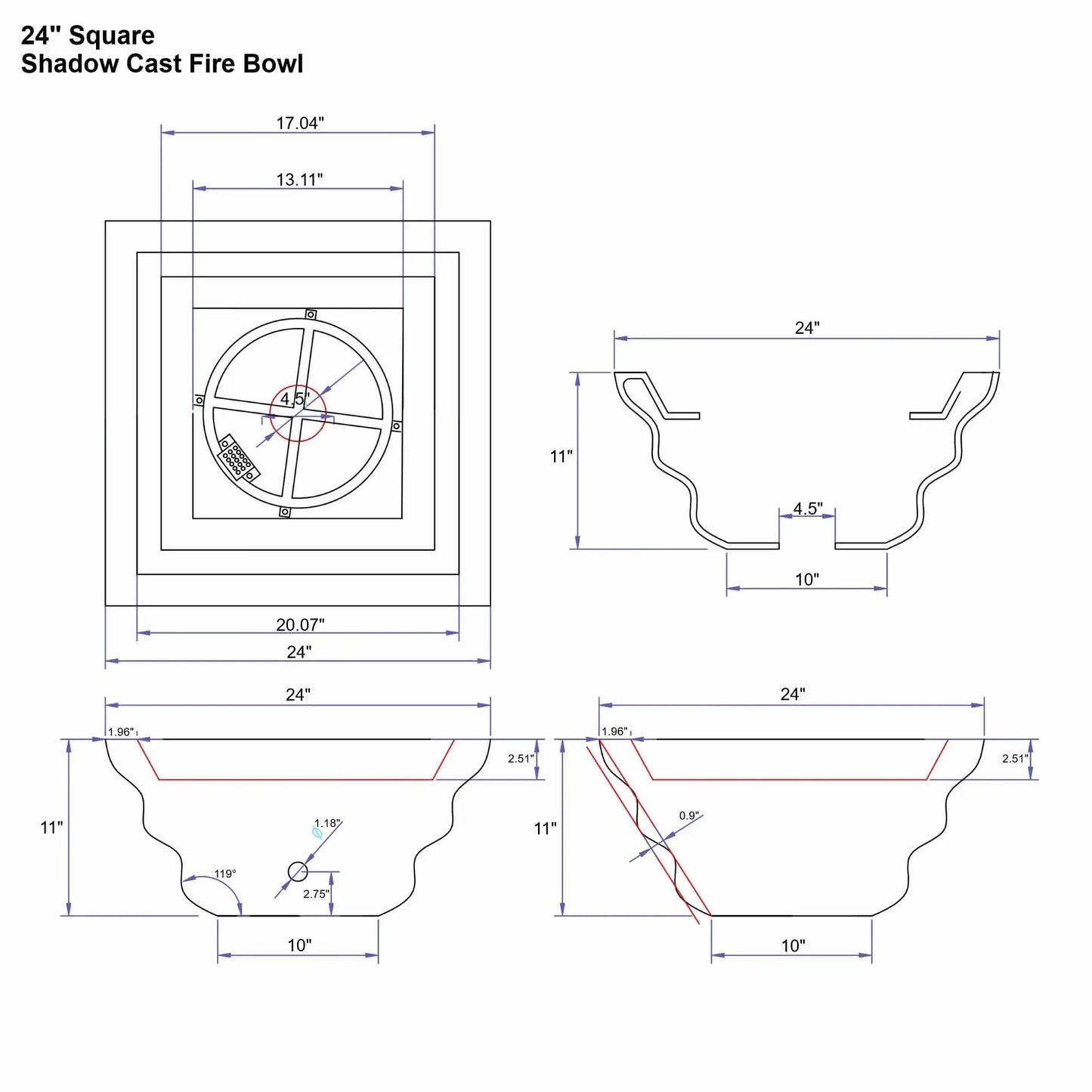 Detailed engineering drawing of the 24-inch Serenity Series square shadow cast fire bowl showing multiple views with dimension callouts. The diagram highlights the sculpted shadow cast exterior profile, burner ring placement, mounting points, and drain opening. Measurements for width, height, and internal bowl geometry are included for installers and designers.