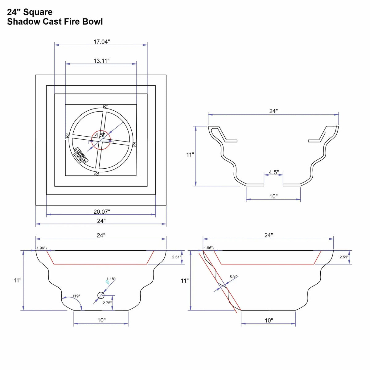 Detailed engineering drawing of the 24-inch Serenity Series square shadow cast fire bowl showing multiple views with dimension callouts. The diagram highlights the sculpted shadow cast exterior profile, burner ring placement, mounting points, and drain opening. Measurements for width, height, and internal bowl geometry are included for installers and designers.