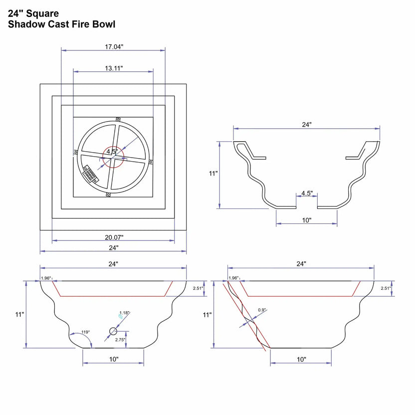 Detailed engineering drawing of the 24-inch Serenity Series square shadow cast fire bowl showing multiple views with dimension callouts. The diagram highlights the sculpted shadow cast exterior profile, burner ring placement, mounting points, and drain opening. Measurements for width, height, and internal bowl geometry are included for installers and designers.