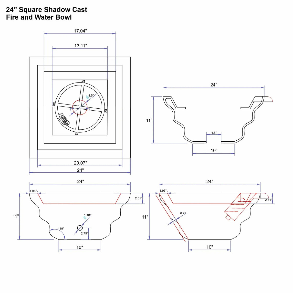Engineering specification drawing for a 24-inch square Shadow Cast fire and water bowl displaying multiple dimensional views. The diagram includes top layout with burner ring placement, side profile sections, curved body contours, mounting geometry, and measurement callouts used for fabrication and installation planning.