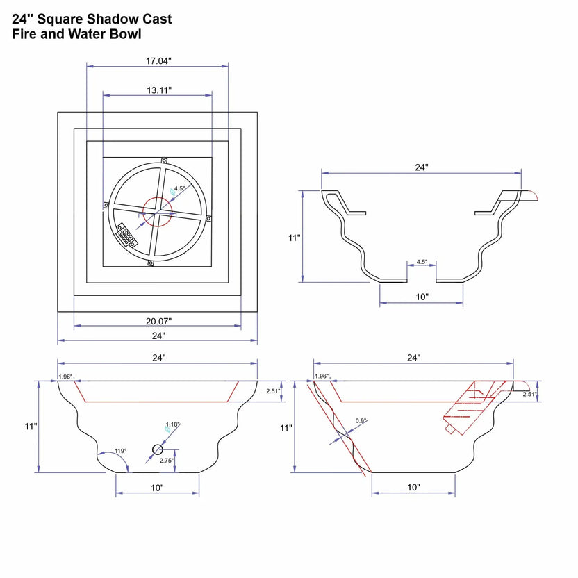 Engineering specification drawing for a 24-inch square Shadow Cast fire and water bowl displaying multiple dimensional views. The diagram includes top layout with burner ring placement, side profile sections, curved body contours, mounting geometry, and measurement callouts used for fabrication and installation planning.