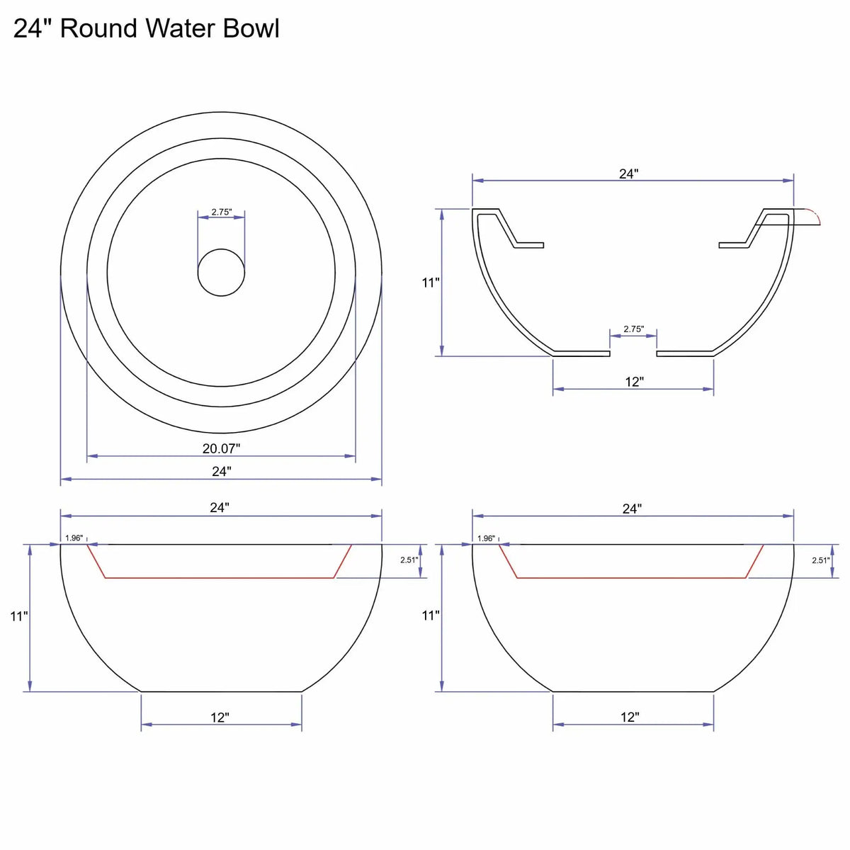 Technical specification diagram of a 24 inch round water bowl from the Flame Havens Serenity Series showing top, side, and cross-section views. The drawing includes measurements for the 24 inch diameter bowl, 11 inch height, 12 inch base width, and a centered 2.75 inch plumbing opening. Interior lip depth and rim profile are illustrated with dimensional callouts for accurate installation and fabrication reference.