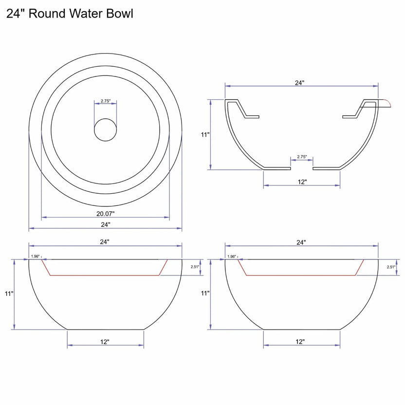 Technical specification diagram of a 24 inch round water bowl from the Flame Havens Serenity Series showing top, side, and cross-section views. The drawing includes measurements for the 24 inch diameter bowl, 11 inch height, 12 inch base width, and a centered 2.75 inch plumbing opening. Interior lip depth and rim profile are illustrated with dimensional callouts for accurate installation and fabrication reference.