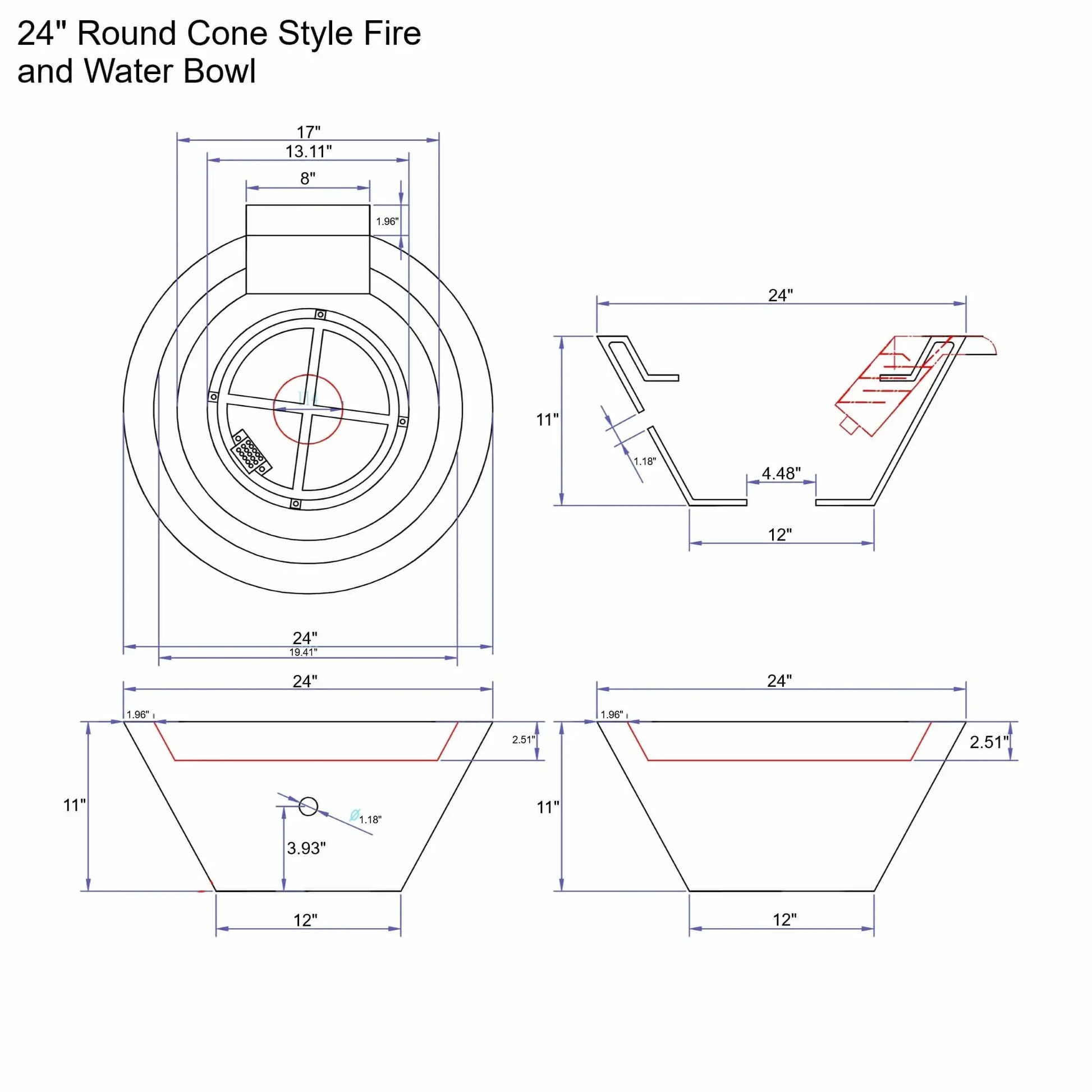 Technical drawing of a 24-inch round cone style fire and water bowl showing top, side, and cross-section views with detailed measurements, including bowl diameter, sloped cone profile, wall thickness, burner placement, spillway location, and overall height for outdoor GFRC concrete fire and water feature installations.