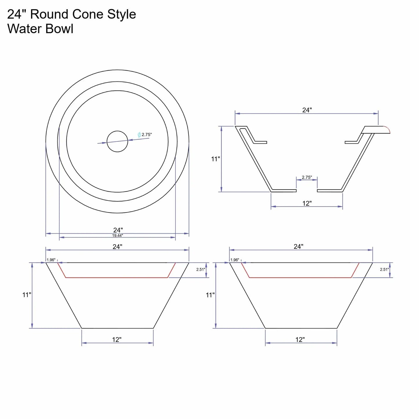 Engineering diagram of a 24 inch round cone-style Serenity Series water bowl by Flame Havens. The sheet shows plan, elevation, and sectional views highlighting the sloped cone body, 11 inch overall height, 24 inch diameter, 12 inch base, and 2.75 inch center drain opening. Measurements detail the angled side profile and inner water channel geometry used for decorative pool and fountain water features.